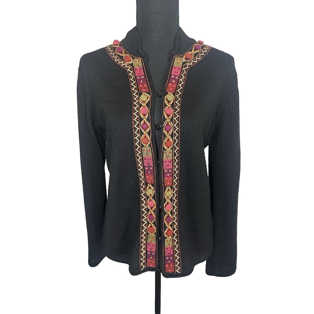Inti Alpaca Women's MED Baby Alpaca Black Embroidered Button Up Sweater Cardigan